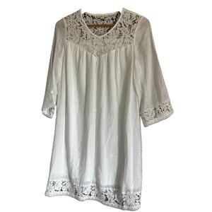 Womens‎ White Linen look sheath Peasant Boho Dress Crochet Lace Sz S cottagecore